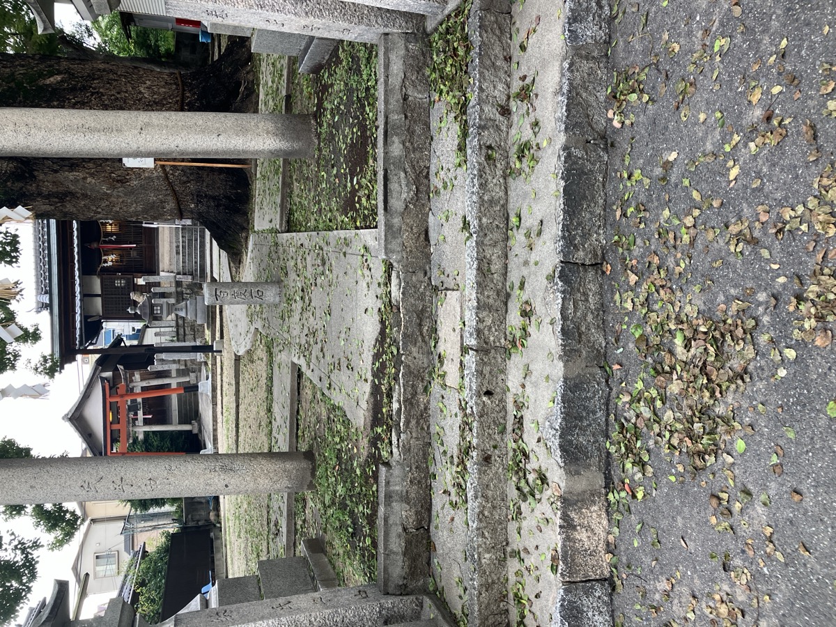 清掃前の神社境内。石段や参道に落ち葉や落下物が散らばっている