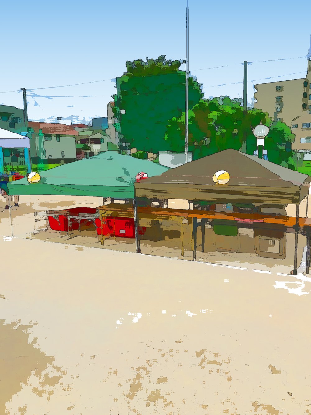 盆踊り会場に立てられたテント。緑と茶色のテントが並び、赤いコンテナや長机が置かれている