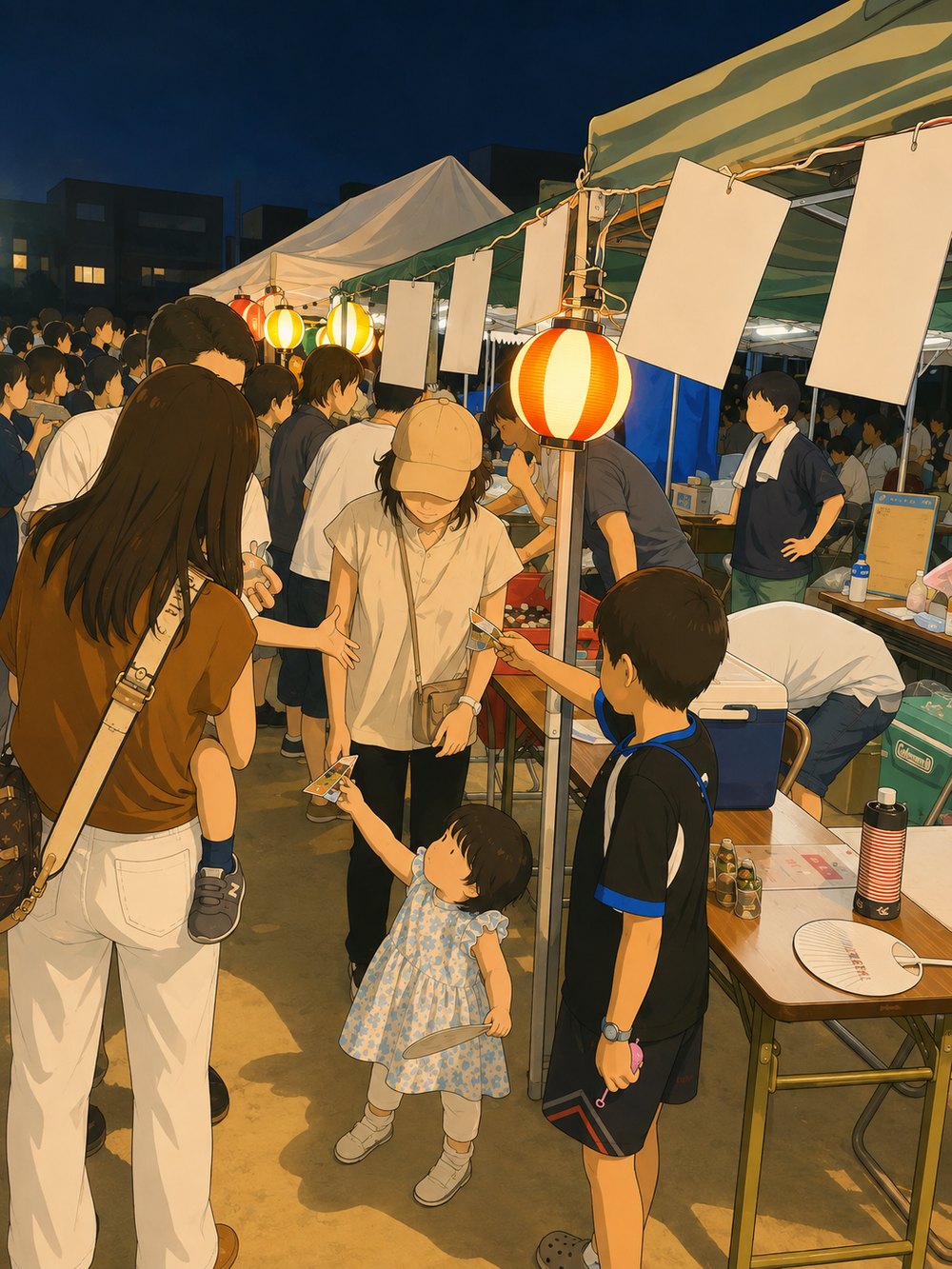 夜の盆踊り会場。提灯が灯り、テントの出店に親子連れが並んでいる