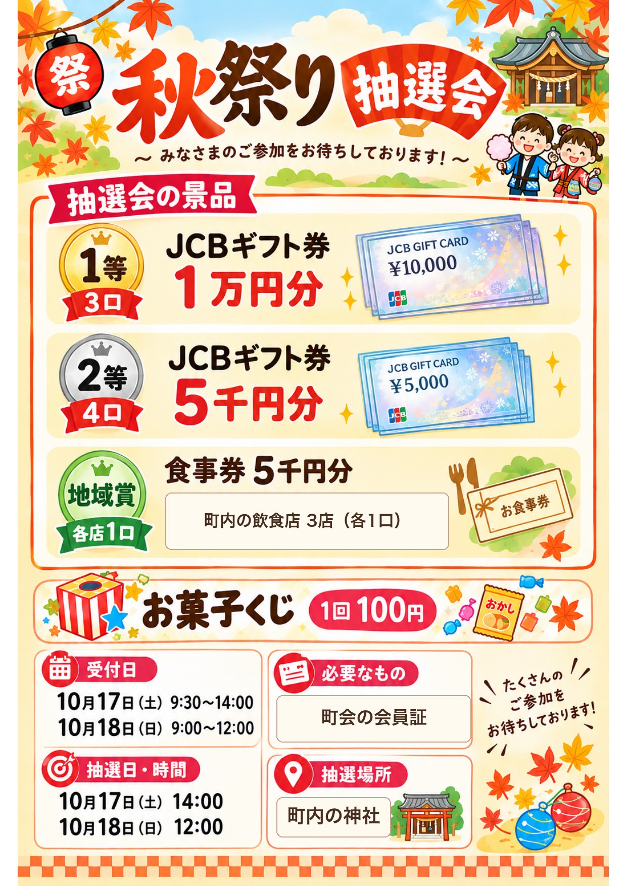 秋祭り抽選会のチラシ。1等JCBギフト券1万円分3口、2等5千円分4口、地域賞は町内の飲食店の食事券。お菓子くじは1回100円